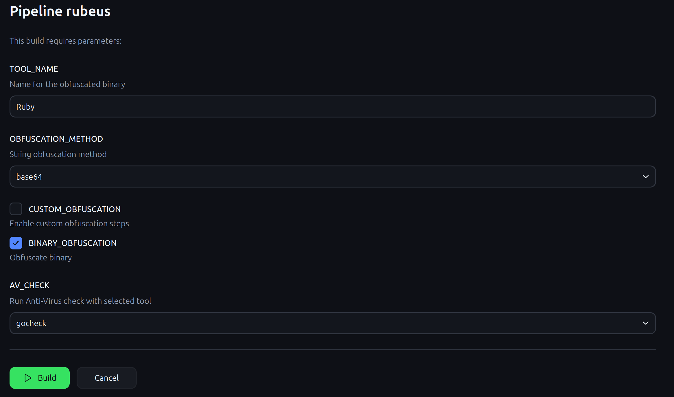 Binfuscator Build Parameters