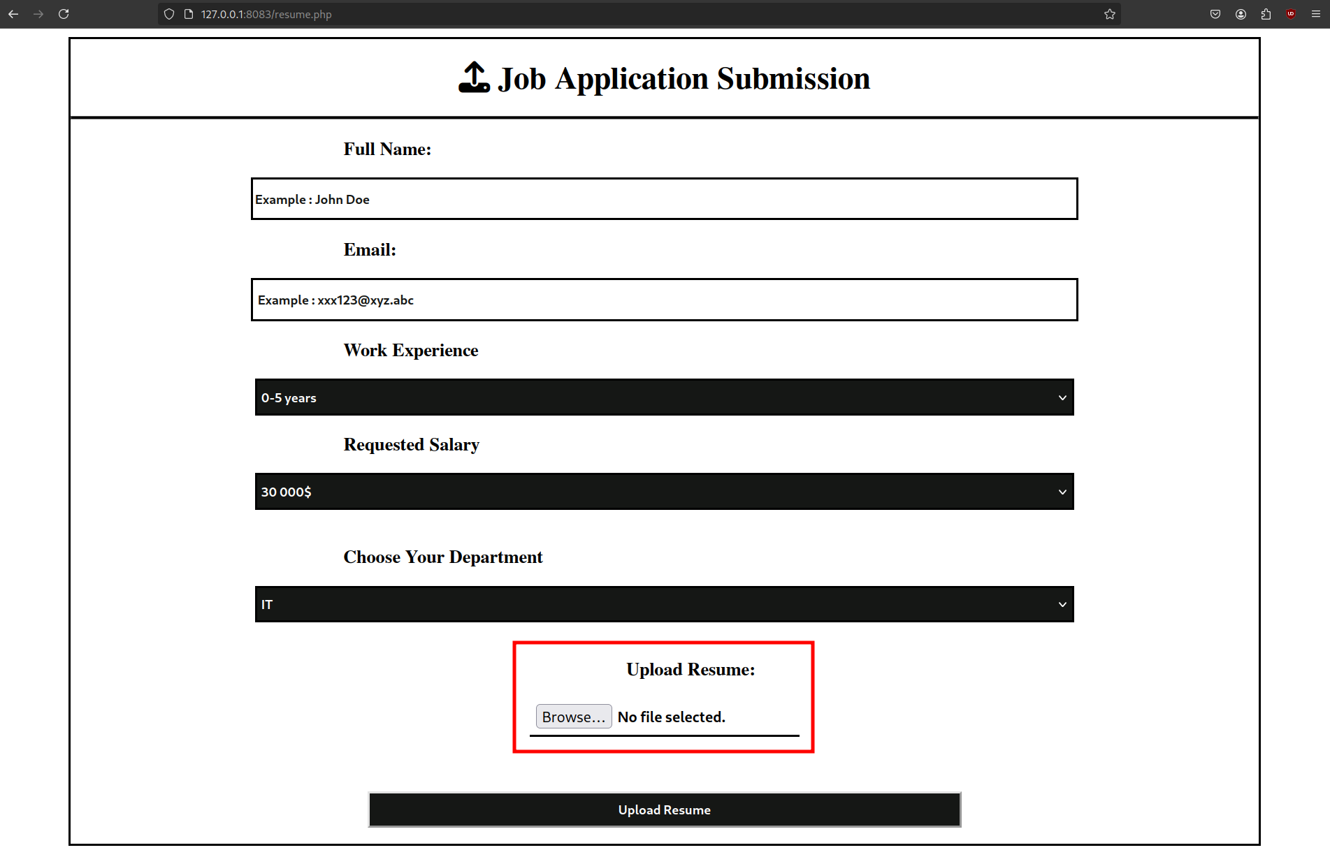Web form resume upload